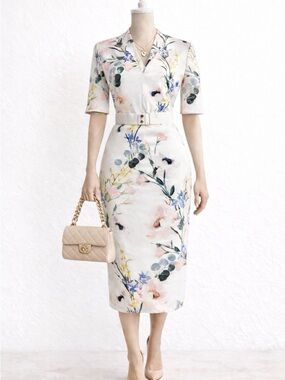 Ted Baker Elegant Floral Belted Sheath Dress in Ivory